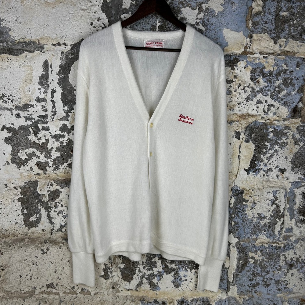 Vintage State Farm Logo Cardigan Sweater White V-Neck Knit Mens XL